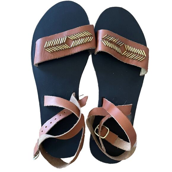 Sseko Women Sz 5 Brown Leather Sarah Sandals Gold Chevron Beads Ankle Wrap - Picture 5 of 5